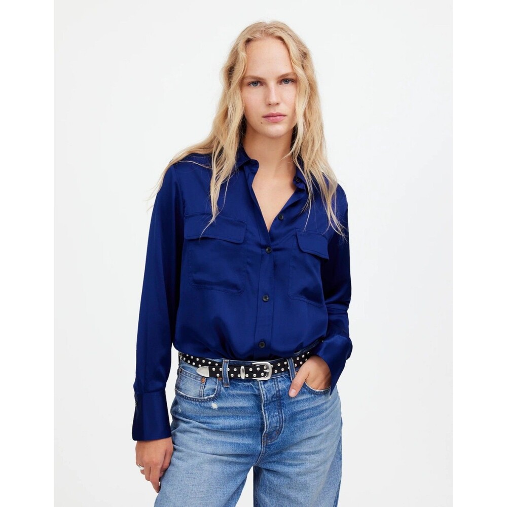MADEWELL Silk Flap-Pocket Button Up Shirt XS Deep Cobalt Blue NWT B36